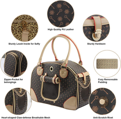 Fashion Dog Carrier PU Leather Dog Handbag Dog Purse Cat Tote Bag Pet Cat Dog Hiking Bag, Brown, Large