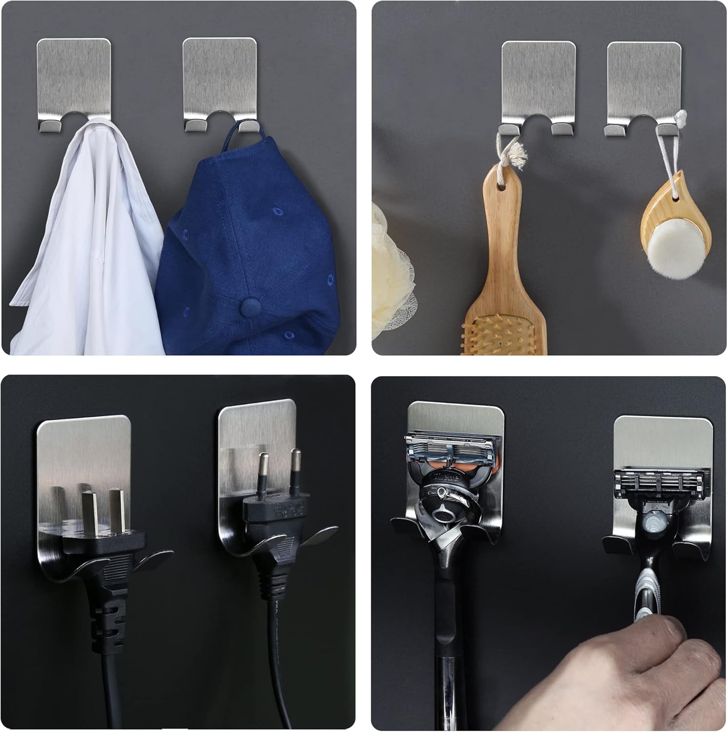 Razor Holder for Shower, 4 Pack Stainless Steel Razor Holder Hooks, Waterproof Self-Adhesive Shaver Holder Hanger Hooks for Bathroom Kitchen to Organize Loofah Robe Towel Plug Coat