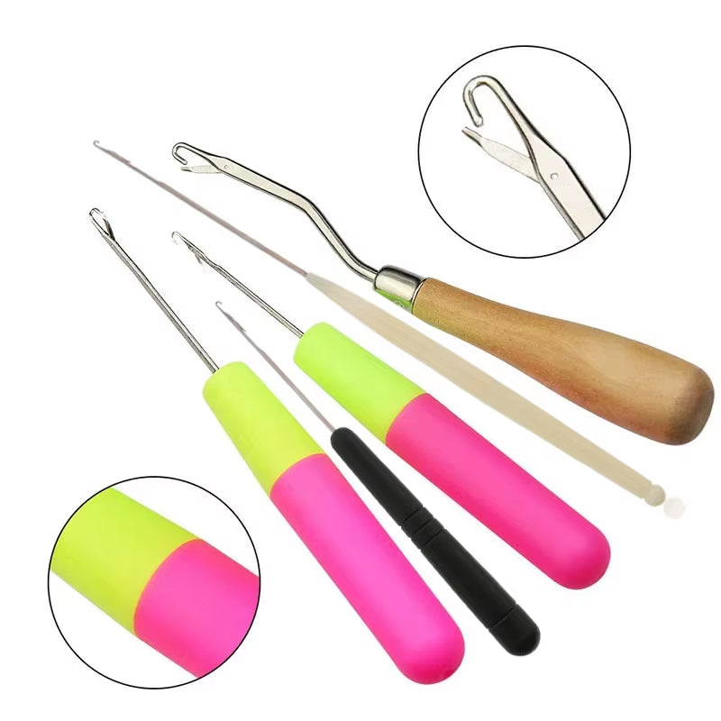 Sewing Craft Crochet Hook Needles 5Pcs Set with Latch & Micro French Branding Hair Extensions Dreadlocks Wig Making Tools