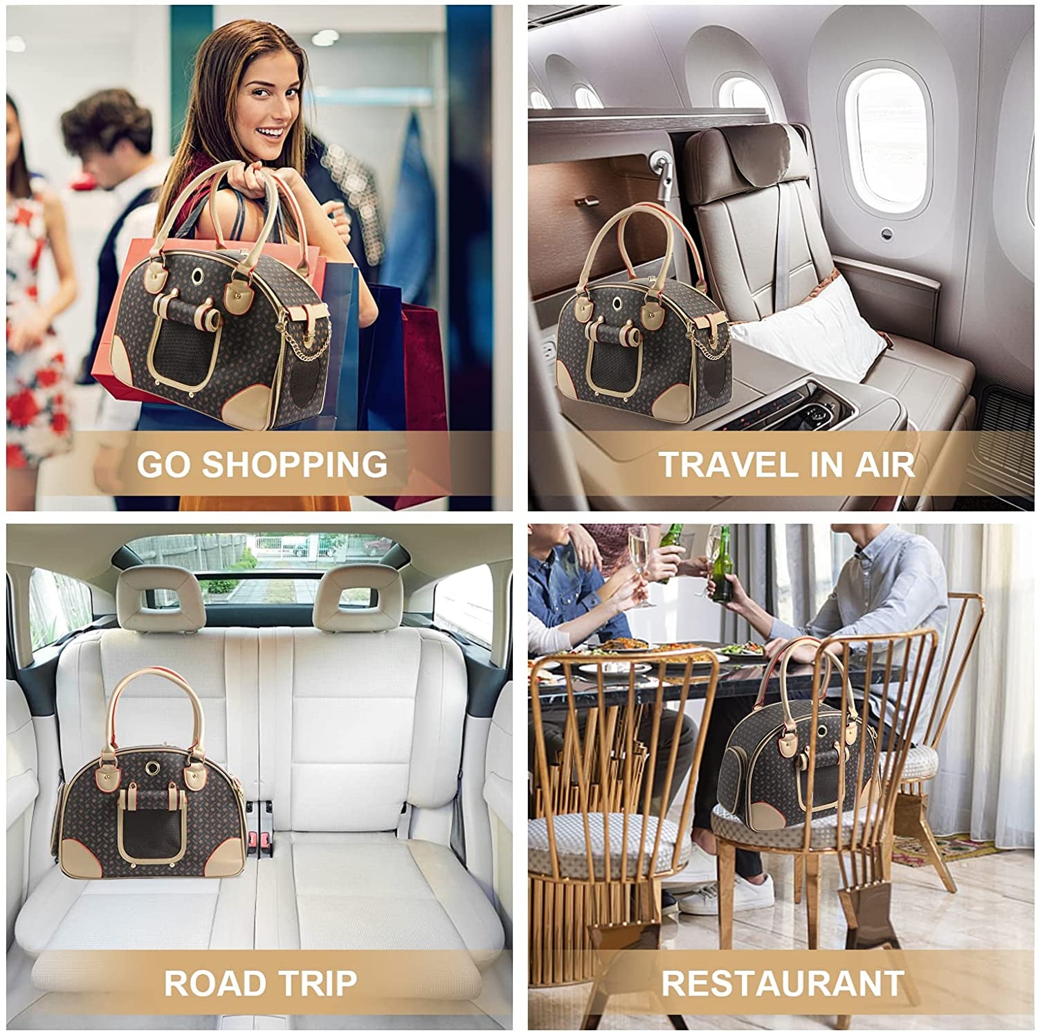 Fashion Dog Carrier PU Leather Dog Handbag Dog Purse Cat Tote Bag Pet Cat Dog Hiking Bag, Brown, Large