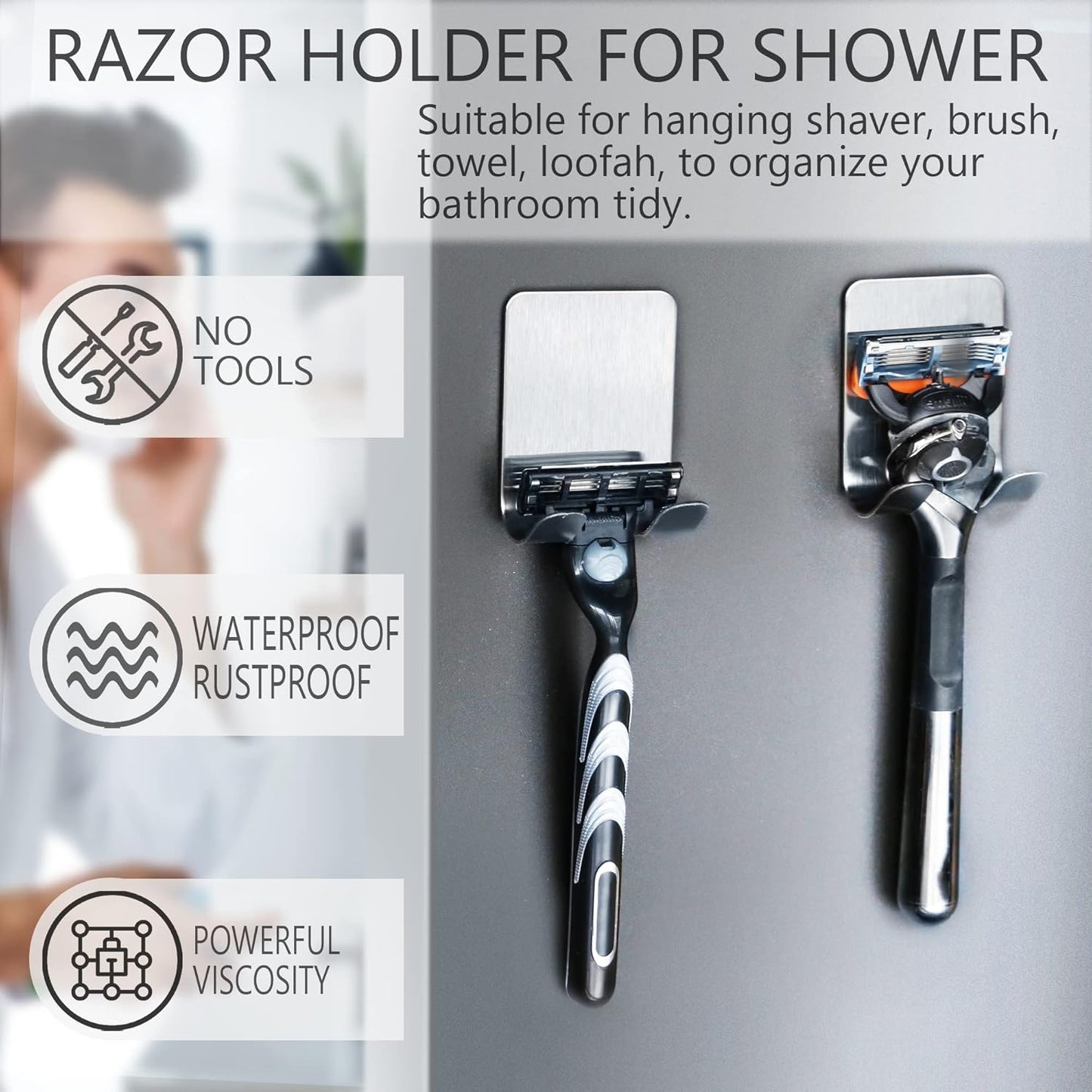 Razor Holder for Shower, 4 Pack Stainless Steel Razor Holder Hooks, Waterproof Self-Adhesive Shaver Holder Hanger Hooks for Bathroom Kitchen to Organize Loofah Robe Towel Plug Coat